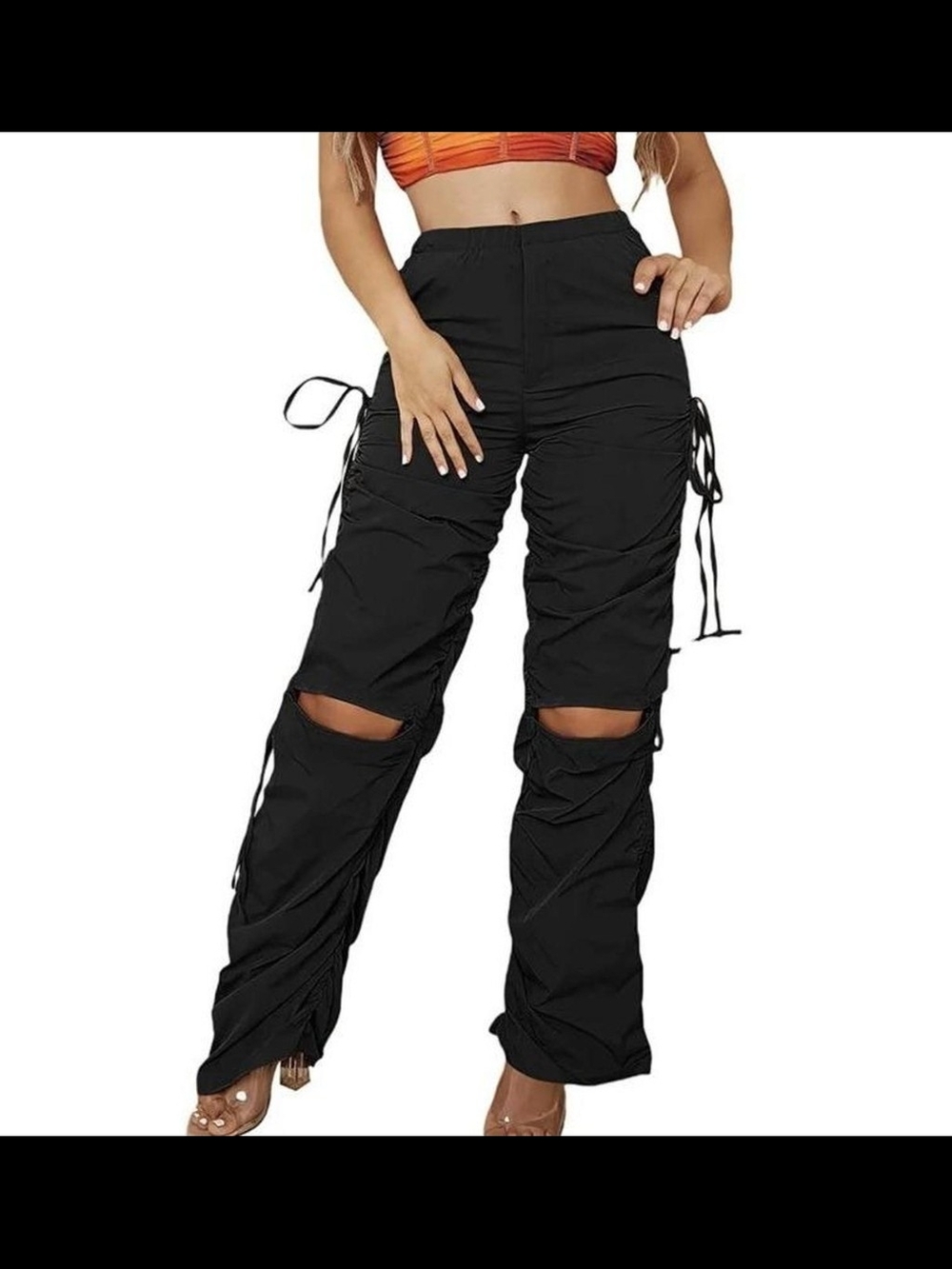 PrettyLittleThing Shape Navy Shell Toggle Ruched Wide Leg Pants w/Knee Cutouts